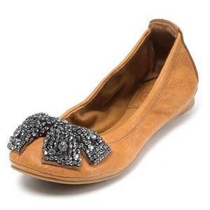 Tory Burch Eddie Rhinestone Jewel Bow Leather Slip On Ballet Flats Tan Size 5.5